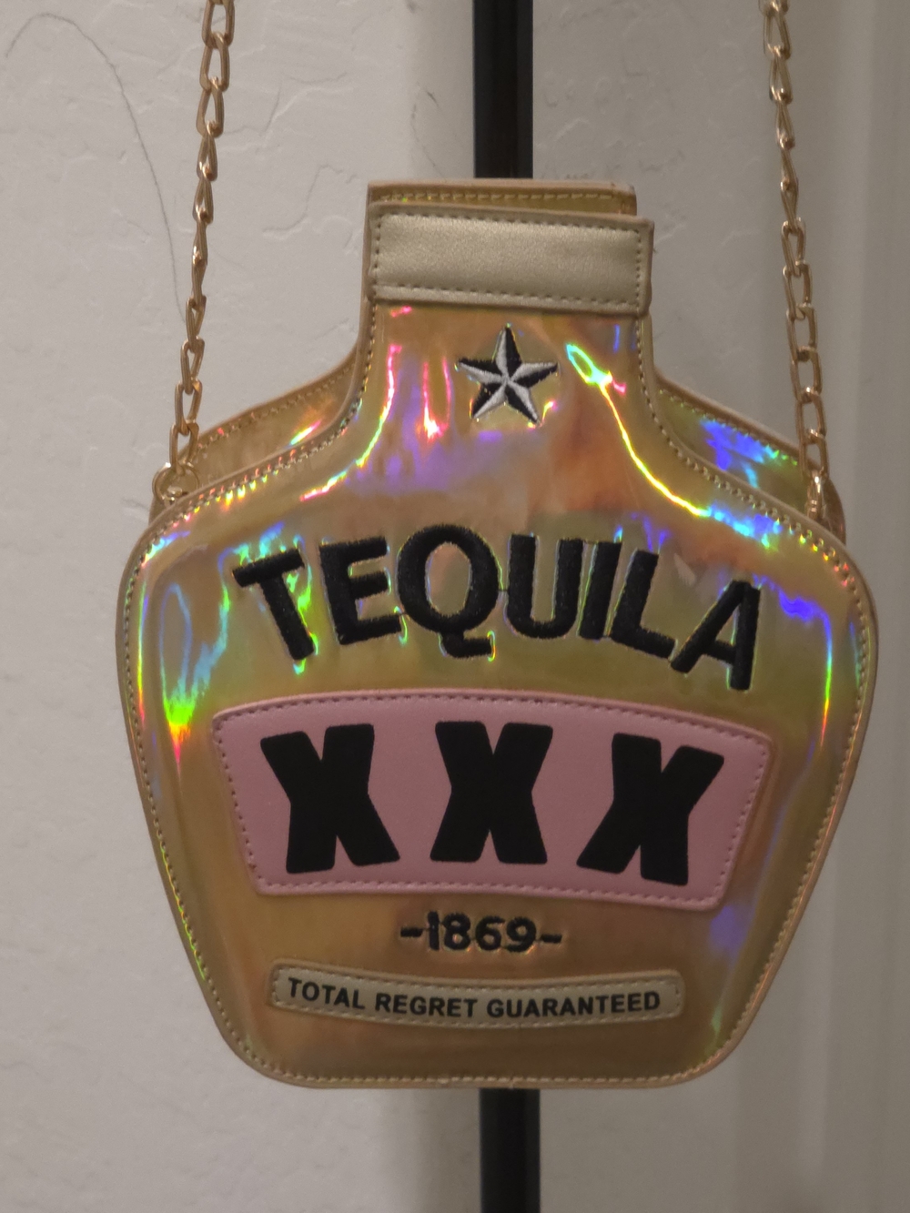 Tequila XXX 1869 Design Silver Holographic Crossbody Bag Gold Tone Chain